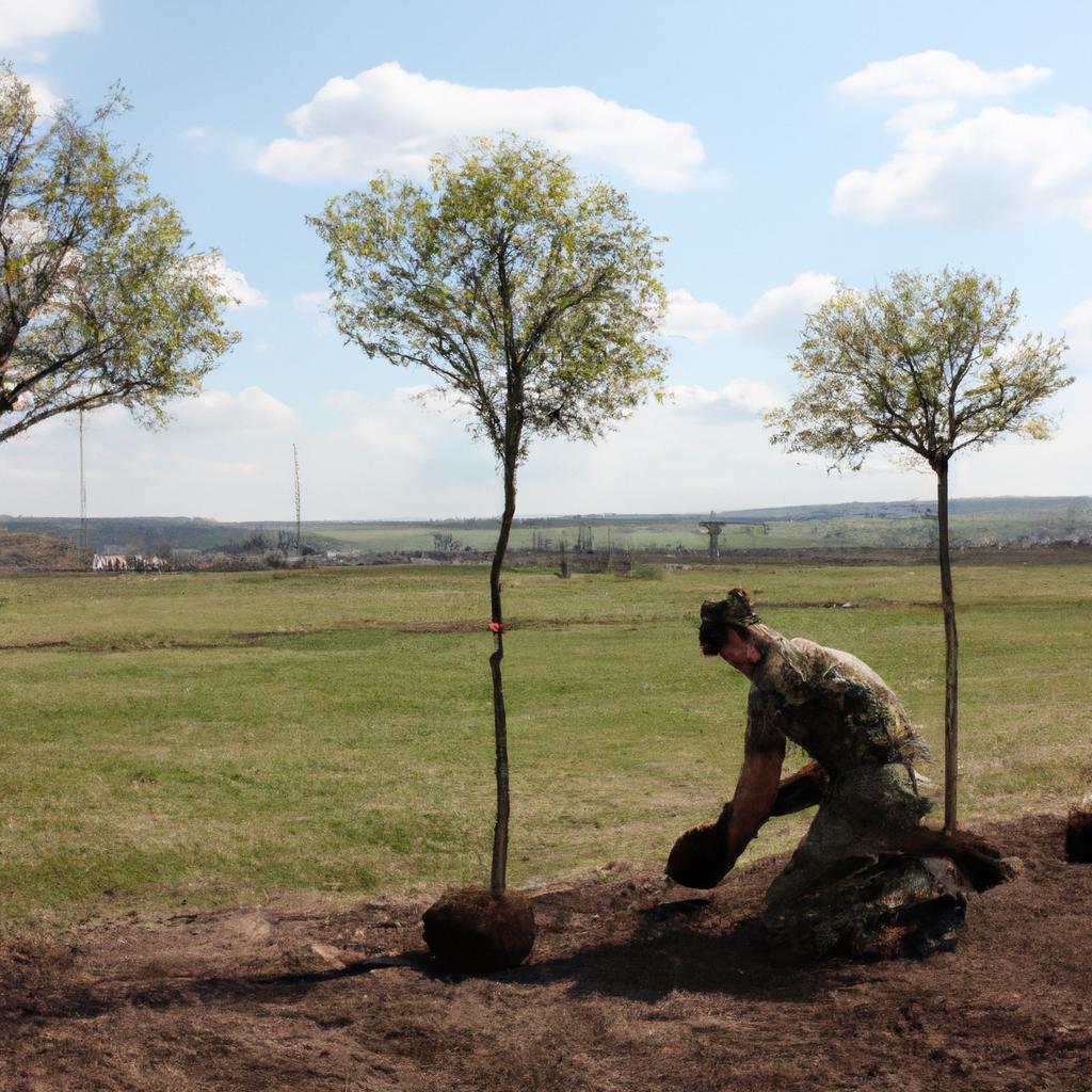 Soldier planting trees in battlefield